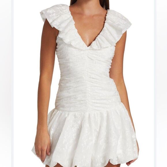 ML Monique Lhuillier  White Cocktail Party Dress with Puff Cap Sleeves - Picture 7 of 14